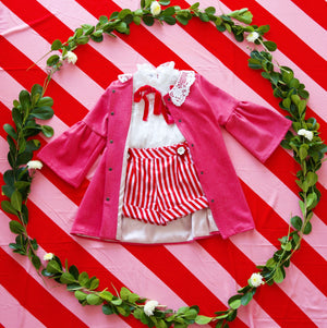 Paris Shorts in Candy Cane Print with Crochet flower details