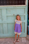 Sicily dress in Reversible Blue and Pink with Lace cetails