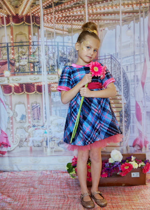 London Dress in Blue Checked Print with Satin Trim and Ribbon