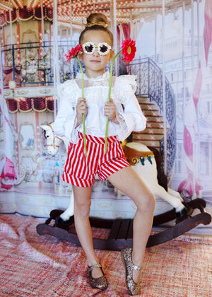 Paris Shorts in Candy Cane Print with Crochet flower details
