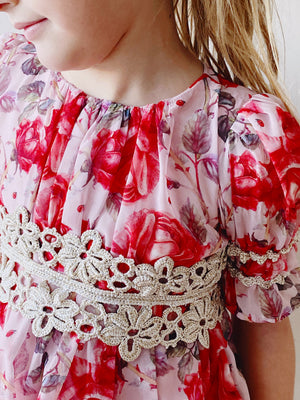 Paris Dress in Rose Print with Hand-Crocheted Belt in Lurex