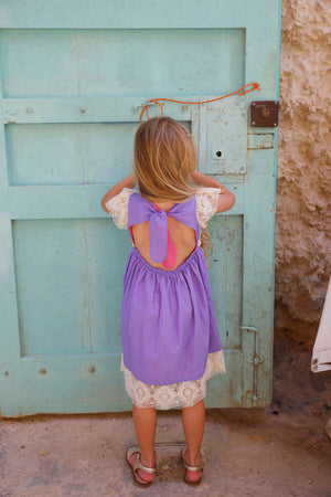 Sicily dress in Reversible Blue and Pink with Lace cetails